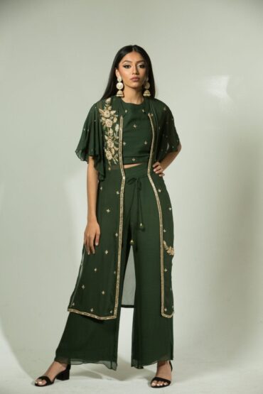 Olive Green Pant Set with Embroidered Jacket