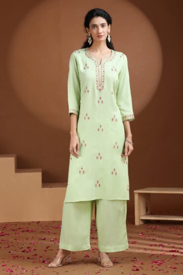 Pastel Green Embroidered Straight Cotton Co-ord Set