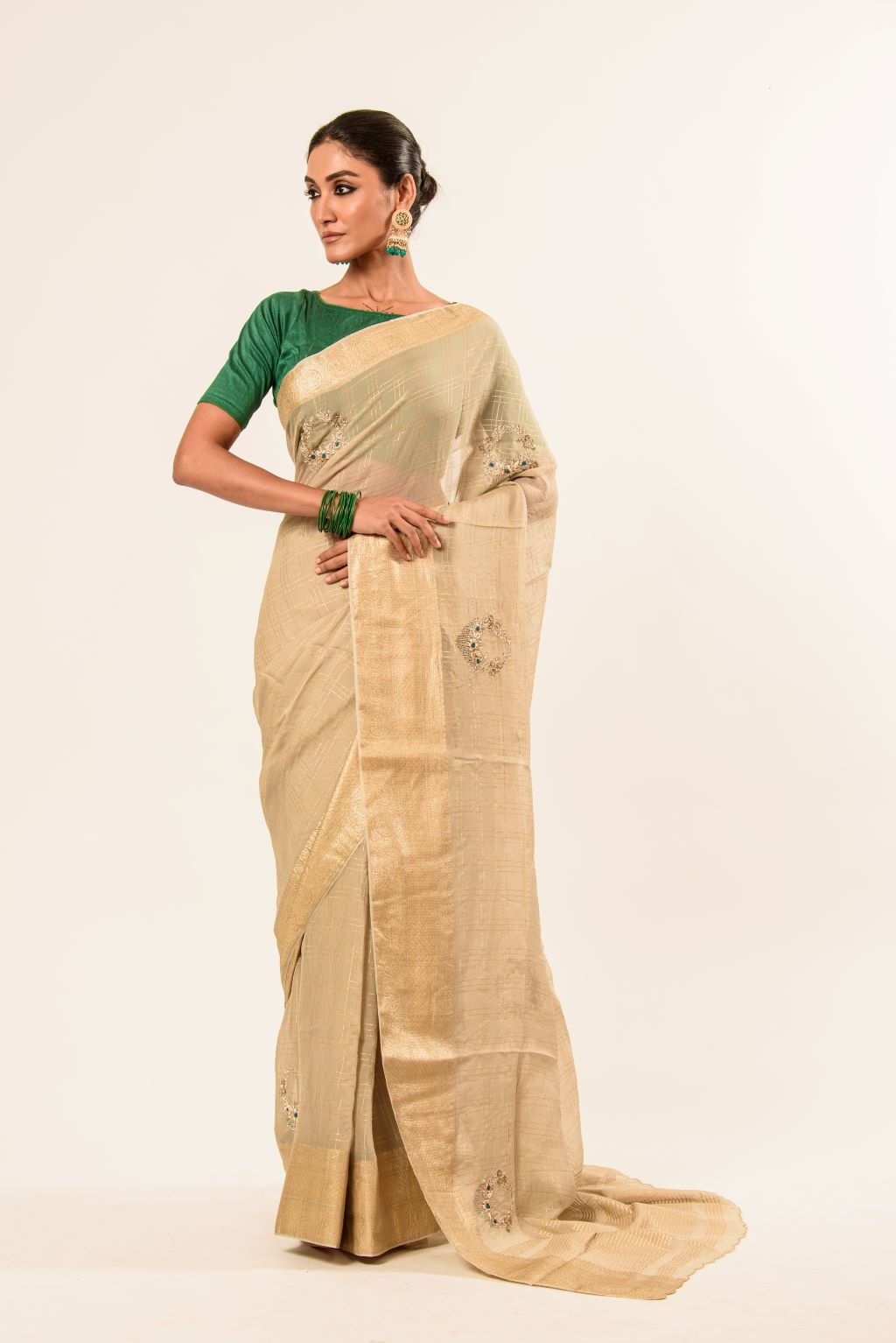 Pearl White Pure Georgette Woven Saree with Hand Embroidered Work