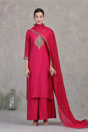 Pink Floral Embroidered A-Line Ethnic Set