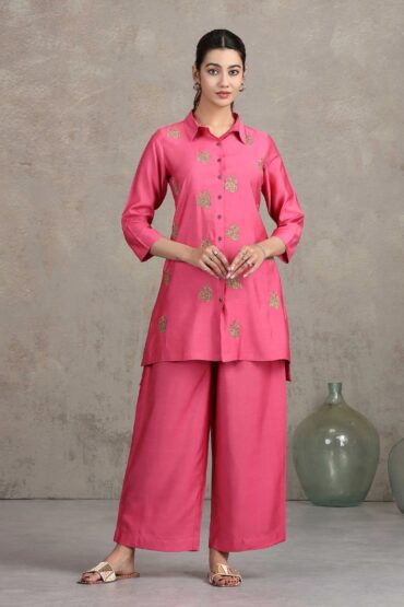 Pink Floral Embroidered Straight Co-ord Set