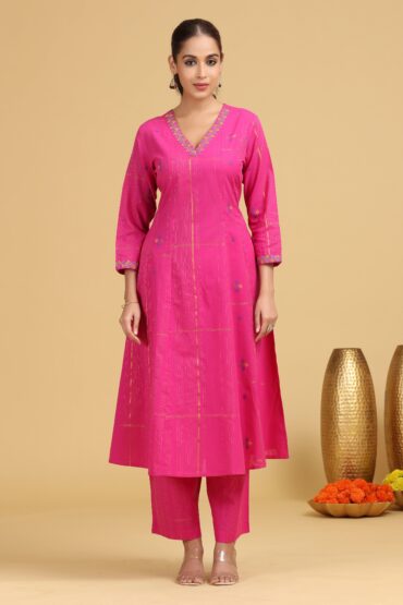 Pink Striped Embroidered A-Line Ethnic Set