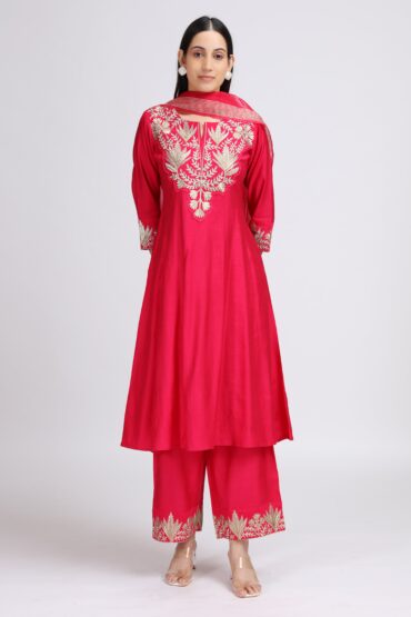 Pink Viscose Embroidered A Line Kurta Palazzo and Dupatta Suit Set