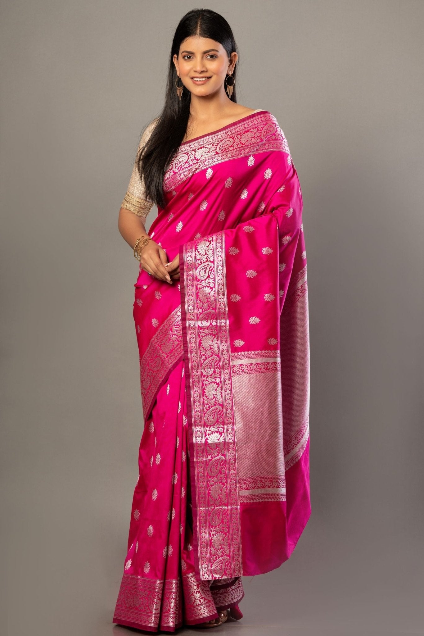 Pink Banarasi Silk Saree With Silver Woven Floral Border