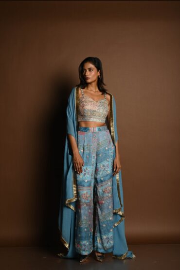 Blue Cape Set with Embroidered Crop Top and Printed Palazzo