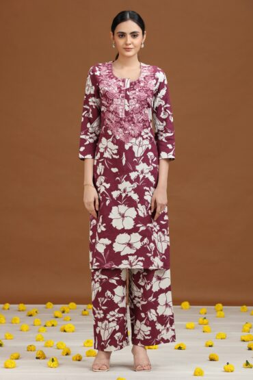 Purple Floral Embroidered Straight Co-ord Set
