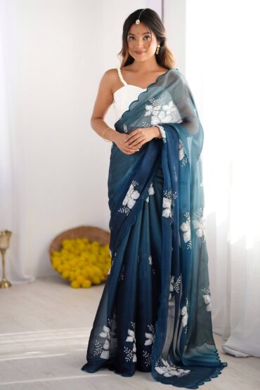 Diana Blue Chiffon saree with Floral Work Ready to Wear Aentic Saree