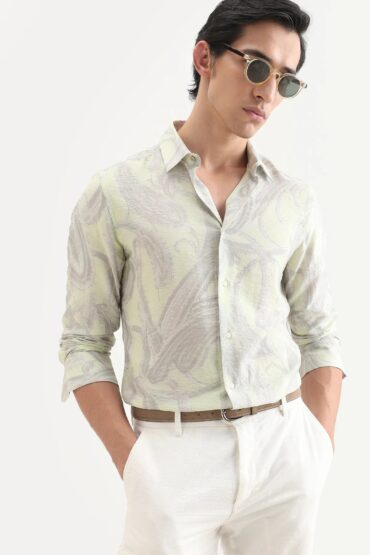 Aentic Men's Neo Pastel Green Viscose Blend Fabric Full Sleeve Spread Collar Regular Fit Paisley Print Shirt