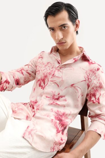 Aentic Men's Cuvn Dusky Pink Linen Blend Fabric Full Sleeve Spread Collar Regular Fit Floral Print Shirt
