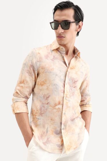 Aentic Men's Wolo Beige Linen Blend Fabric Full Sleeve Spread Collar Regular Fit Floral Print Shirt