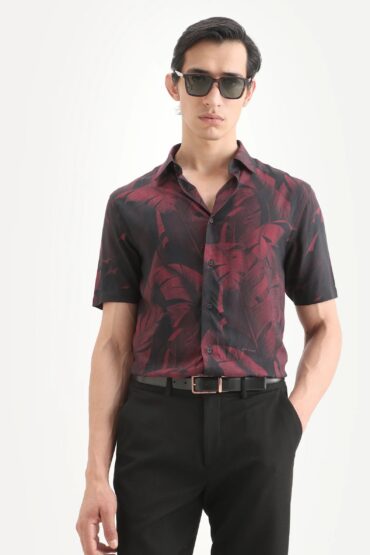 Aentic Men's Omra Dusky Red Viscose Fabric Half Sleeve Spread Collar Regular Fit Tropical Print Shirt