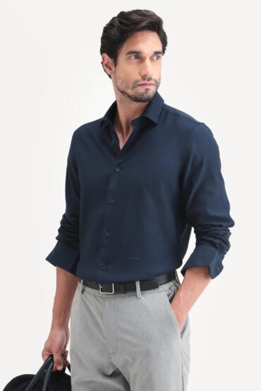 Aentic Men's Mer-Ss26 Navy Viscose Blend Fabric Full Sleeve Spread Collar Regular Fit Plain Shirt