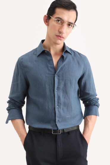 Aentic Men's Linex Ls Navy Linen Blend Fabric Full Sleeve Spread Collar Regular Fit Plain Shirt