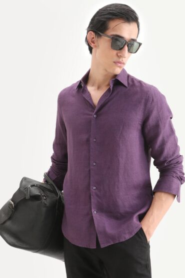 Aentic Men's Linex Ls Dark Purple Linen Blend Fabric Full Sleeve Spread Collar Regular Fit Plain Shirt