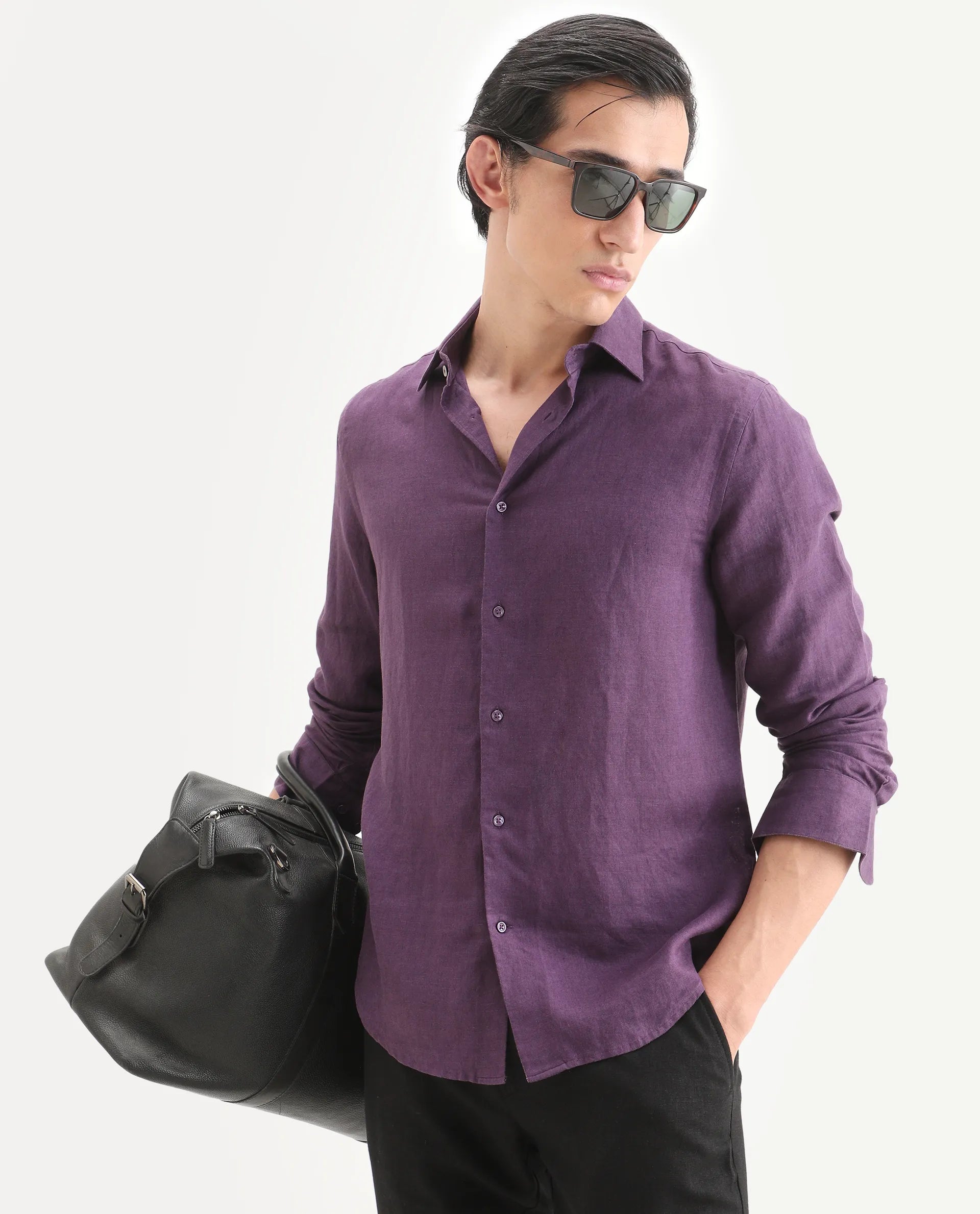 Aentic Men's Linex Ls Dark Purple Linen Blend Fabric Full Sleeve Spread Collar Regular Fit Plain Shirt