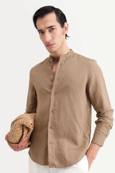 Aentic Men's Cinex 26 Light Brown 100% Linen Fabric Full Sleeve Regular Fit Plain Shirt