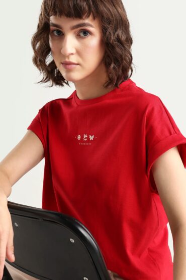 Rareism Women's Zolan Red Cotton Half Sleeve Relaxed Fit Pigment Print T-Shirt