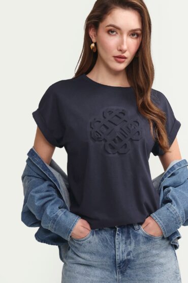 Rareism Women's Zurf Navy Cotton Blend Half Sleeve Relaxed Fit Plain T-Shirt