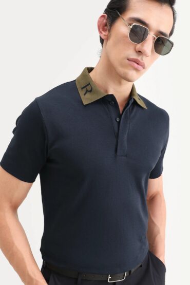 Aentic Men's Frow-S26 Navy Cotton Fabric Half Sleeve Spread Collar Regular Fit Plain Polo