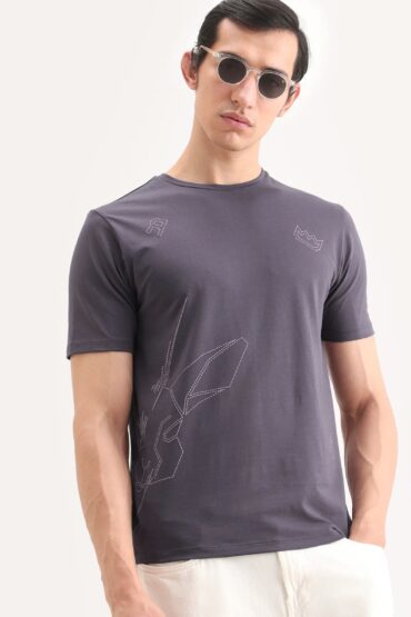 Aentic Men's Vin Dusky Purple Cotton Blend Fabric Half Sleeve Crew Neck Regular Fit Graphic Print T-Shirt