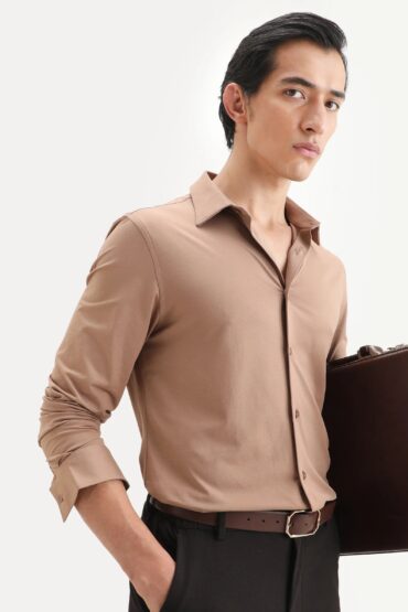 Aentic Men's Tour-Ss26 Light Brown Cotton Fabric Full Sleeve Spread Collar Regular Fit Plain Shirt