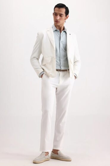 Aentic Men's Travel-Ss26 White Polyester Fabric Button And Zip Closure Closure Plain Trouser
