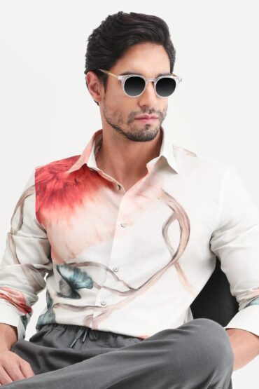 Aentic Men's Brib Off White Cotton Blend Fabric Full Sleeve Spread Collar Regular Fit Floral Print Shirt