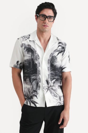 Aentic Men's Coco White Cotton Blend Fabric Half Sleeve Cuban Collar Regular Fit Tropical Print Shirt