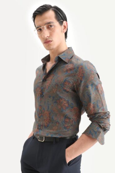 Aentic Men's Exor Dusky Blue Cotton Blend Fabric Full Sleeve Spread Collar Regular Fit Paisley Print Shirt