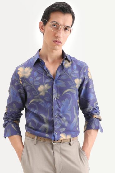 Aentic Men's Jolo Dusky Purple Viscose Fabric Full Sleeve Spread Collar Regular Fit Floral Print Shirt