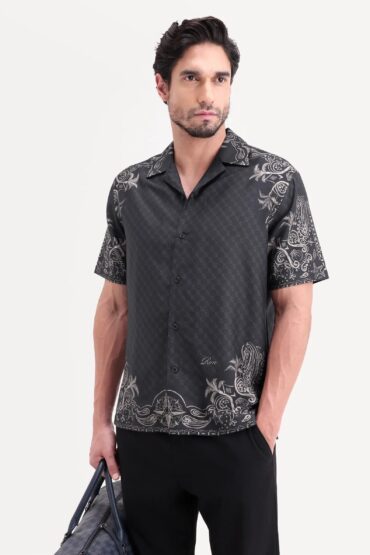 Aentic Men's Boso Black Cotton Blend Fabric Half Sleeve Cuban Collar Regular Fit Monogram Print Shirt