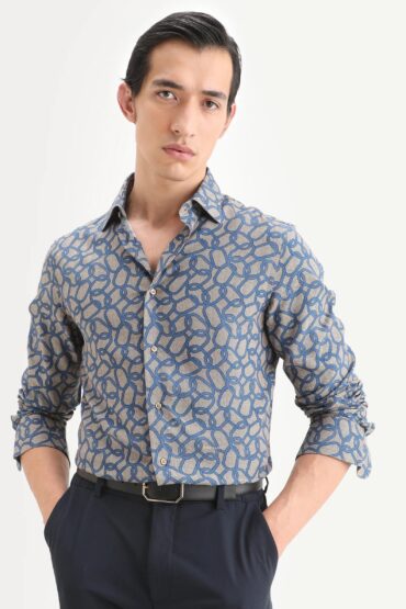 Aentic Men's Ivek Dusky Beige Viscose Fabric Full Sleeve Spread Collar Regular Fit Geometric Print Shirt