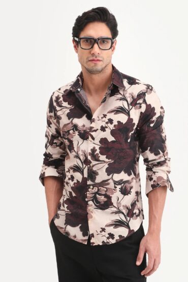 Aentic Men's Ciel Beige Cotton Fabric Full Sleeve Spread Collar Button Regular Fit Floral Print Shirt