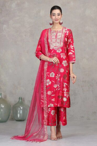 Rani Pink Floral Embroidered Straight Ethnic Set