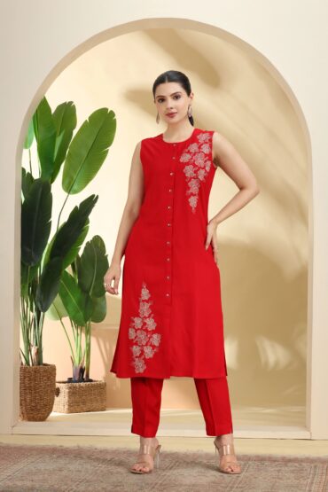 Red Embroidered Straight Co ord Set
