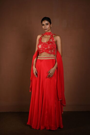 Red Lehenga Set with Halter Neck Choli and Choker Dupatta