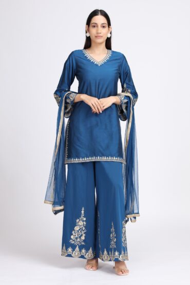 Royal Blue PolySilk Embroidered Straight Kurta Pant and Dupatta Suit Set