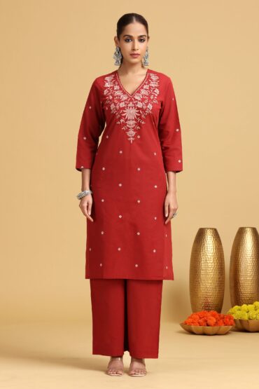 Rust Floral Embroidered Straight co-ord Set