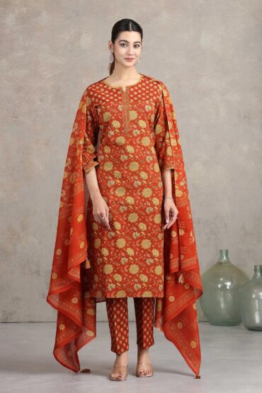 Rust Floral Printed Straight Ethnic Set