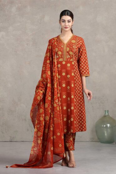 Rust Printed A-Line Ethnic Set