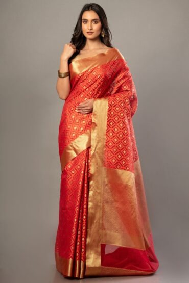 Rust Orange Kota Silk Saree Gold Border