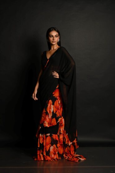 Black Blossom Print Georgette Ruffle Saree Set with Embroidery Work