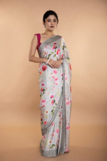 Light Grey Stone Embellishment Floral Printed Satin Saree with Unstitched Blouse