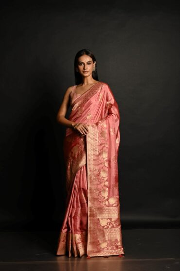 Pink Handwoven Banarasi Satin Silk Saree with Gold Zari