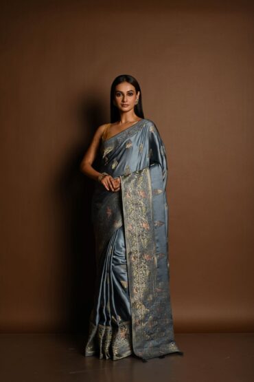 Gray and Gold Handloom Satin Banarasi Silk Saree with Minakari Work