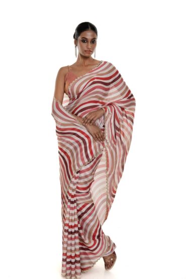 Brown Stripe Satin Silk Embroidered Scallop Border Saree with Unstitched Blouse