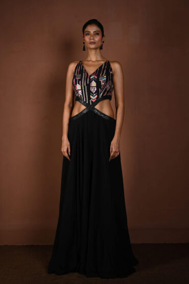 Black Long Dress with Multicolor Embroidery and Side Cutouts