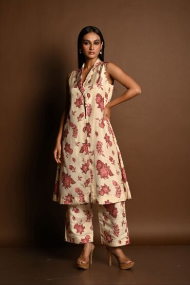 Red and White Printed Long Jacket and Pant Set