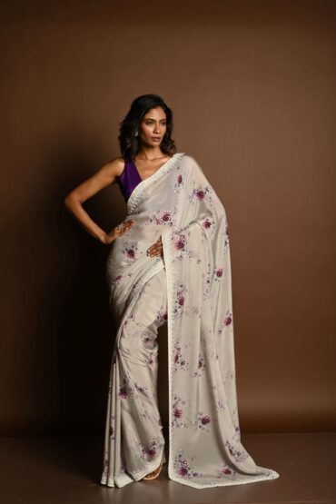 Light Grey Floral Printed Satin Silk Saree with Sequin Work and Cutdana Embroidery Border
