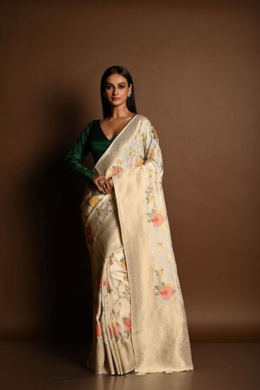 Handloom White Satin Silk Banarasi Saree with Meenakari Work